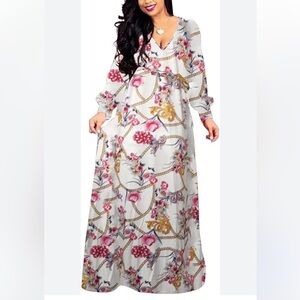 BOGURST BOHO Maxi Dress Chiffon Deep V-Neck Printed Loose Dress Sz L Women